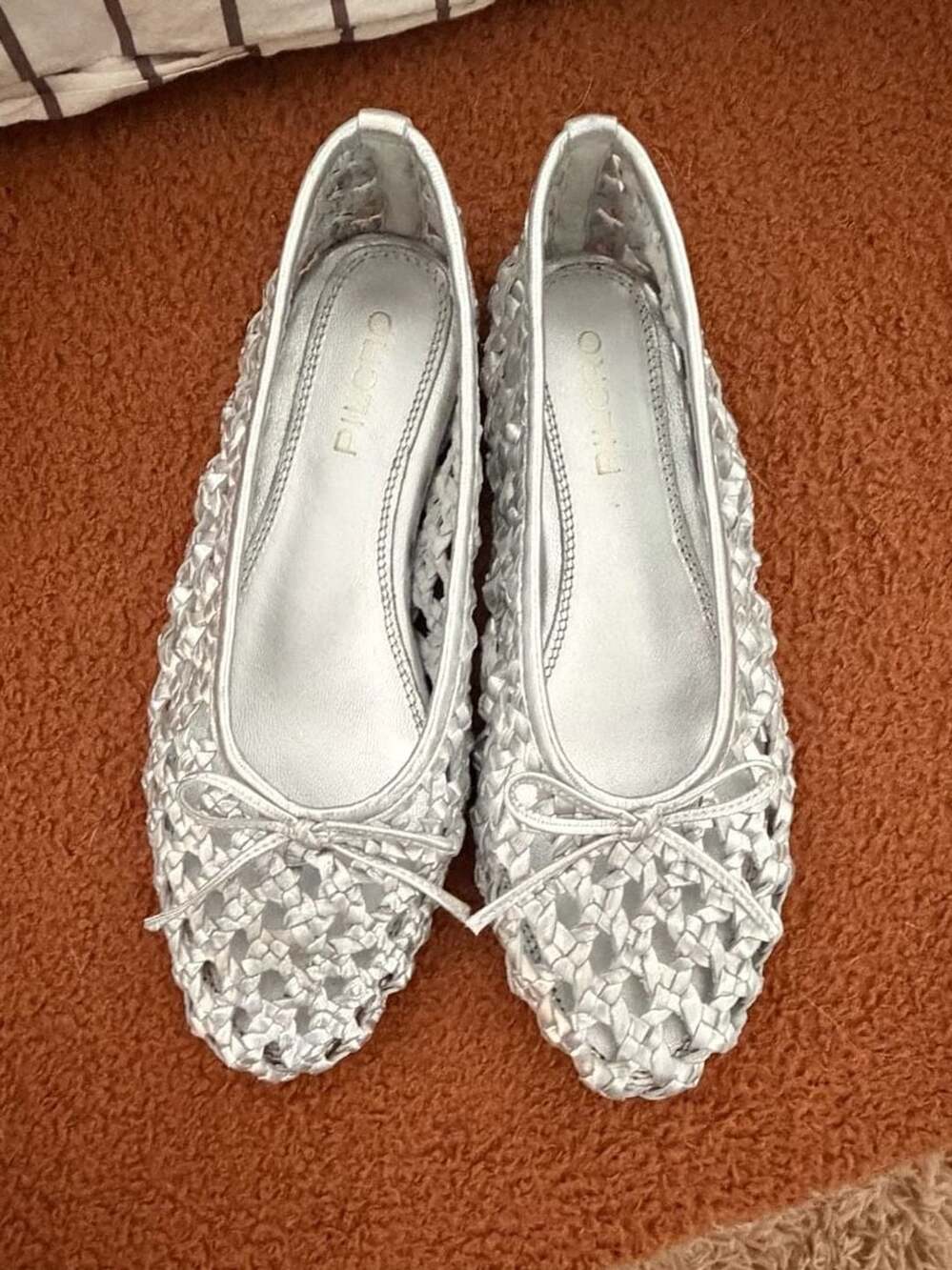 Pilcro Woven Silver Metallic Leather Ballet Flats with Bow